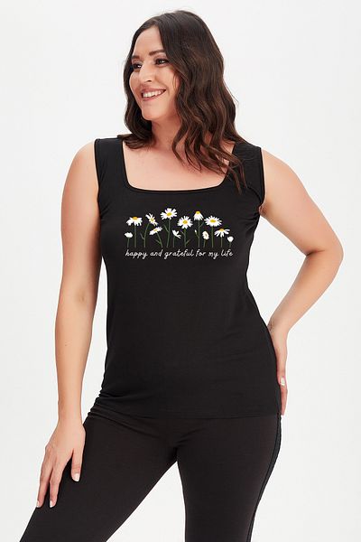 Curvy Trend Plus Size Daisies Printed Square Neck Thick Strap Tank Top Blouse