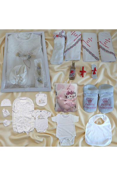 OEM Baptism Set, Girl, White-Golden Dress, Bib, Body, Booties, Blanket and Musical Toy, 7-Piece Set Litt