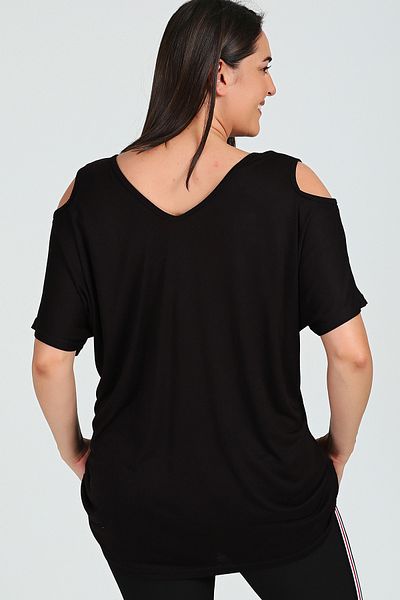 Curvy Trend Large Size Breathe Printed Shoulder V Window Short Sleeve Blouse