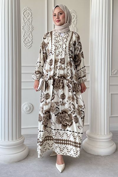 InStyle Vintage Patterned Brown Viscose Dress