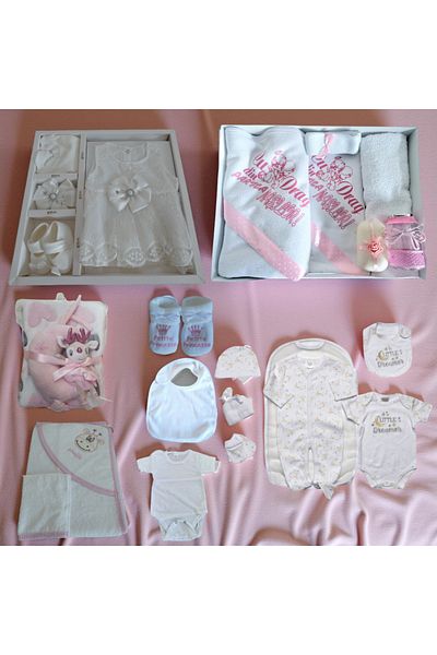 OEM Set trusou botez, fata, rochita alba, bavetica, body, prosopel, botosei, compleu 7 piese, paturica s