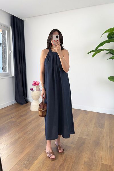 BİRCANÇİL Yerta Navy Blue Neck Detailed Maxi Dress
