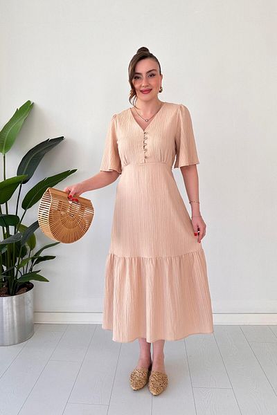 MaziButik Bell Sleeve Textured Dress Cream
