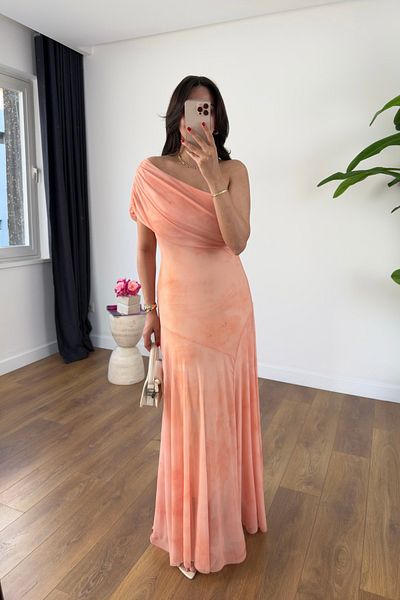 BİRCANÇİL Mensa Salmon One Shoulder Detailed Patterned Lined Tulle Dress