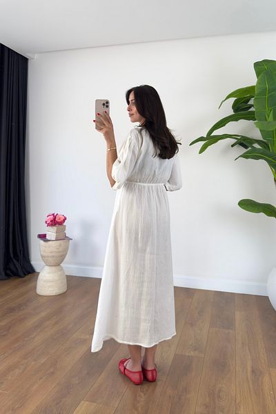 BİRCANÇİL Alno Ecru V-Neck Muslin Midi Dress