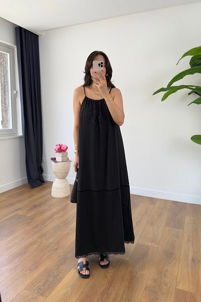 BİRCANÇİL Tesna Black Fisto Detail Maxi Length Lined Dress