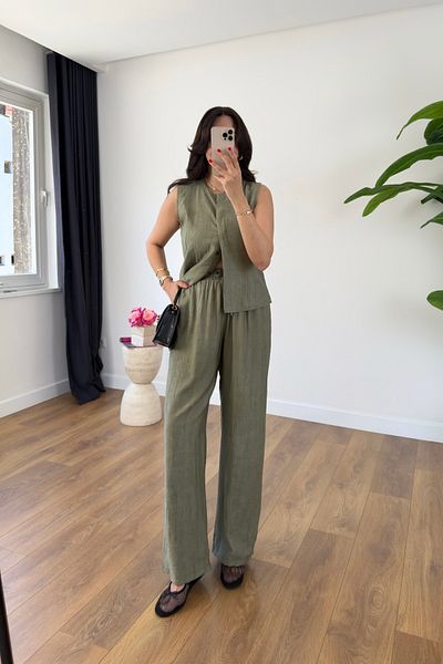 BİRCANÇİL Md Lizya Khaki Hidden Button Detailed Trousers Suit