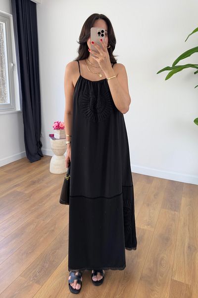 BİRCANÇİL Tesna Black Fisto Detail Maxi Length Lined Dress