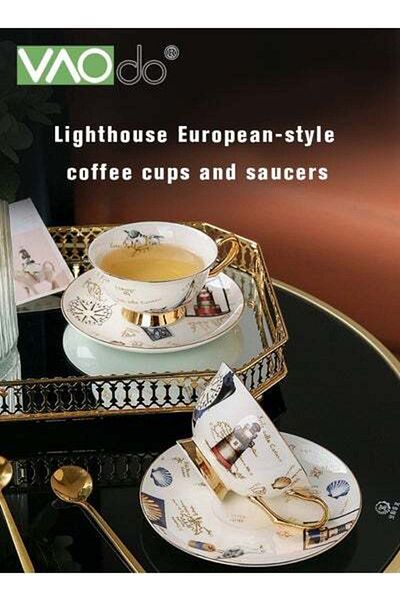 VAODO 2PCS Coffee and Saucer Set With Spoon Thin Through Bone China Hand-painted Gold Black Tea Teacup