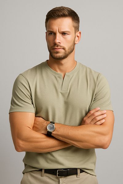 LACİVERTMEN Navy Blue 2124 Henley T-Shirt Brown Button Detailed Basic Casual t Shirt