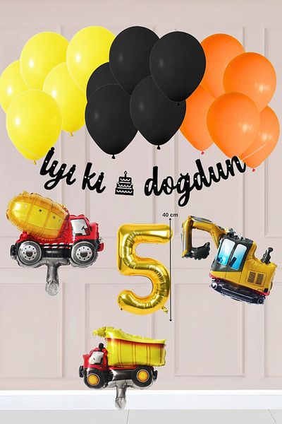Atölye Mi 5 Years Old Construction Concept Birthday Balloon Set Construction Vehicles Theme Balloon Chain