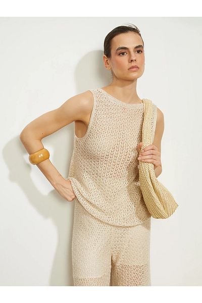 LC Waikiki Lcwaikiki Classic Beige Crew Neck Openwork Knitwear Blouse