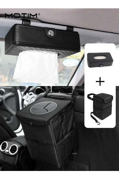 MOTIM 1 Pcs Car Sun Visor Tissue Holder, Leather Tissue Box Napkin Holder And 1 Pcs Car Trash Can with lid