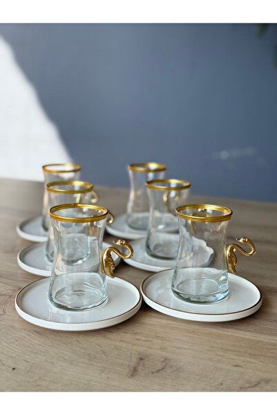 Hediye Köşkü Kuğulu 12 parça Cam Çay Seti