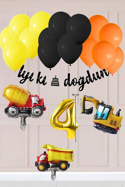 Atölye Mi 4 Years Old Construction Concept Birthday Balloon Set Construction Vehicles Theme Balloon Chain