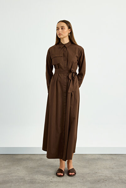Birgül Bektaş Kahverengi Poplin Trenç Elbise