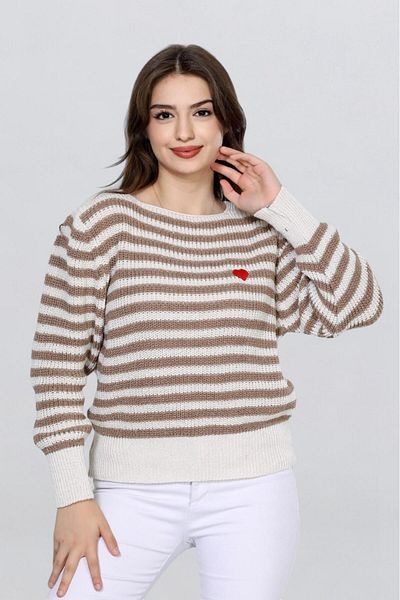 Fox Life Kids Women's Heart Embroidery Detailed Striped Knitted Sweater Flt1023
