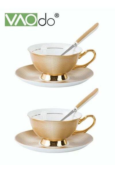 VAODO 2PCS Coffee and Saucer Set with Spoon Thin Through Bone China Hand Painted Gold Black Tea Teacup