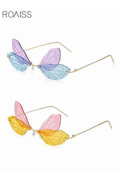 ROAISS 2 Pack Dragonfly Wing Shape Rimless Sunglasses UV400 Protection Irregular Vintage Two Tone Eyewear