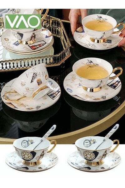 VAODO 2PCS Coffee and Saucer Set With Spoon Thin Through Bone China Hand-painted Gold Black Tea Teacup