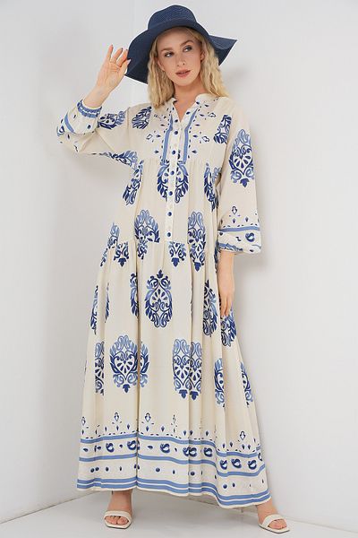 Bigdart Women's Patterned Long Hijab Dress 2585 - Cream