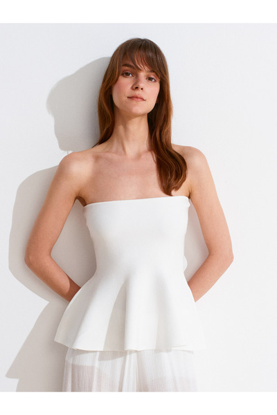 Dilvin 10791 Straplez Peplum Triko Top-Beyaz
