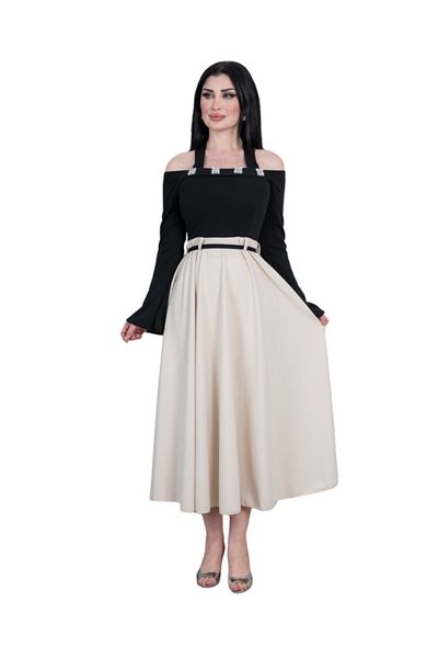 Nice Model Elegant Black Off Shoulder Midi Dress with Crystal Details and Bell Sleeves for Women