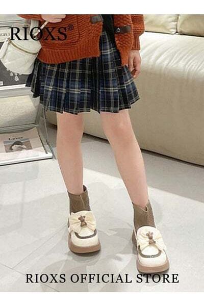 RIOXS Bowknot Flat Loafers Closed Round Toe Patent Leather Fashion Slip-On Shoes Low Heel Uniform Shoes