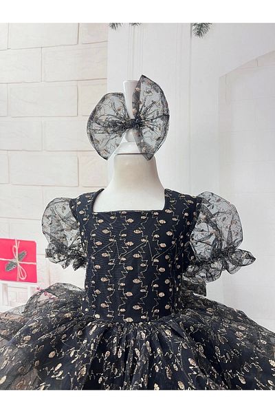 Nissa Black Gold Patterned Embossed Princess Evening Dress