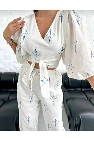 yeditepe fashion Σετ λινό με στάμπα κεντήματος