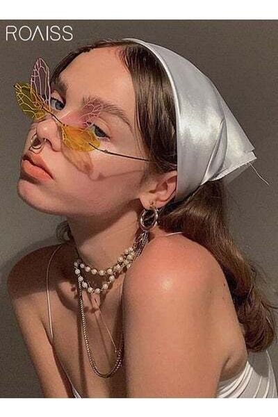 ROAISS 2 Pack Dragonfly Wing Shape Rimless Sunglasses UV400 Protection Irregular Vintage Two Tone Eyewear