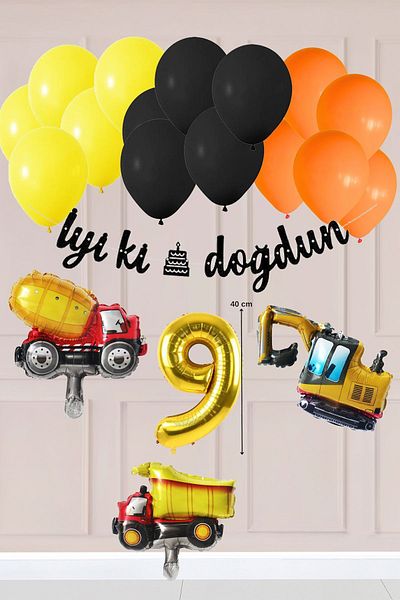 Atölye Mi 9 Years Old Construction Concept Birthday Balloon Set Construction Vehicles Theme Balloon Chain