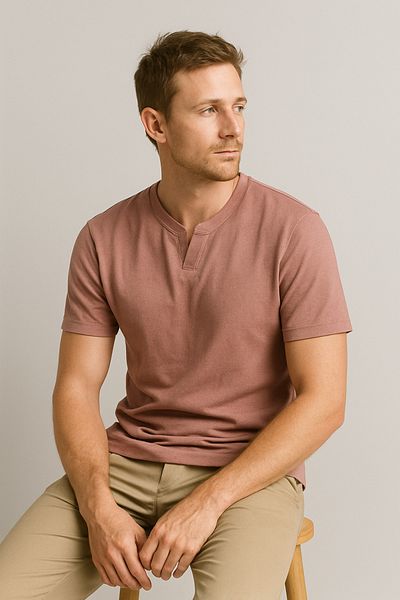 LACİVERTMEN Navy Blue 2124 Henley T-Shirt Brown Button Detailed Basic Casual t Shirt
