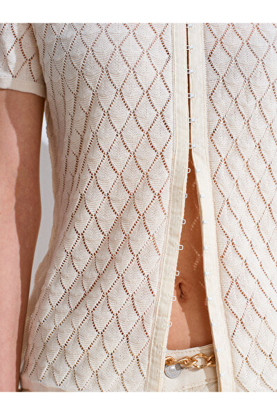 Dilvin 60977 Crew Neck Lace Look Agraft Knitwear Cardigan-Ecru