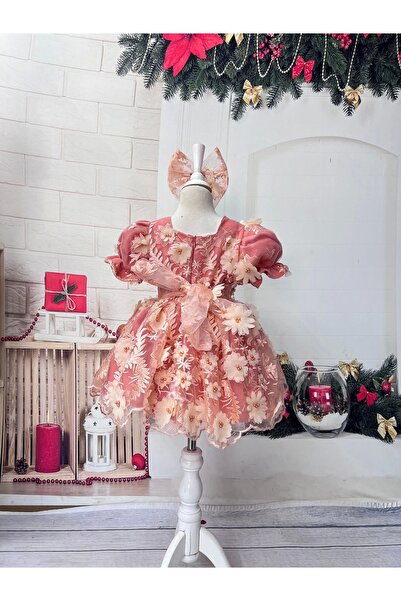 Nissa Pudra Çiçek Nakışlı Kız çocuk Elbisesi Abiye