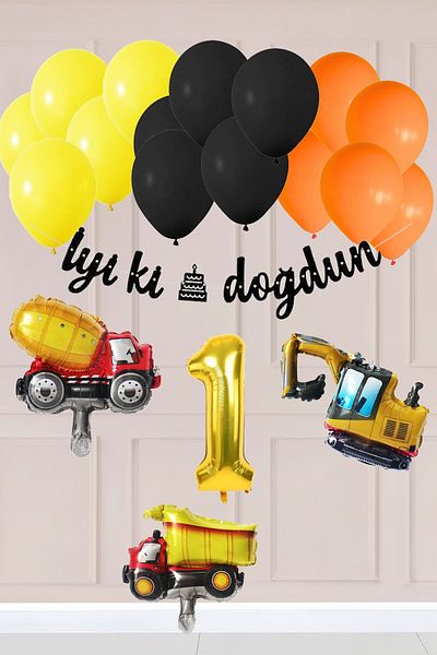 Atölye Mi 1 Year Old Construction Concept Birthday Balloon Set Construction Vehicles Theme Balloon Chain