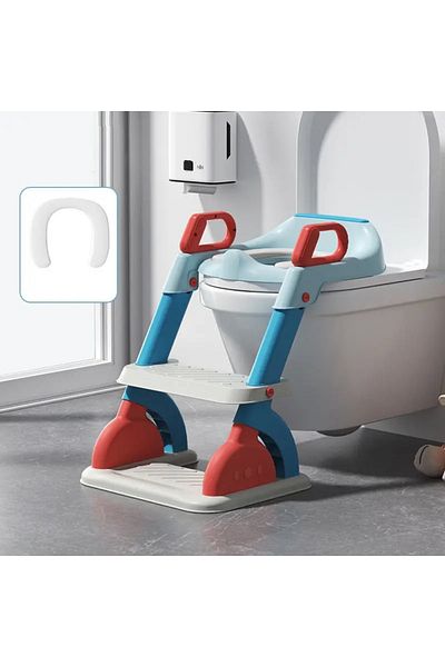 Little Mom Reductor toaleta pentru copii Little Mom Blue, pliabil, echipat cu colac moale din spuma PU, trepte