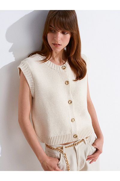 Dilvin 60976 Crew Neck Buttoned Knitwear Vest-Ecru