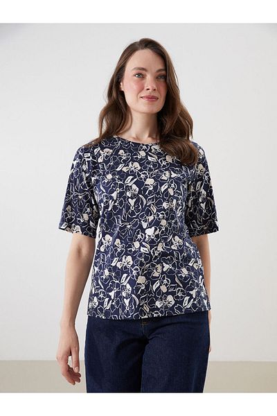 LC Waikiki Grace Navy Blue Crew Neck Floral Women's T-Shirt