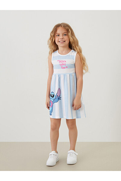 LC Waikiki İzr Yeni Sezon Bisiklet Yaka Stitch Baskılı Kız Çocuk Elbise