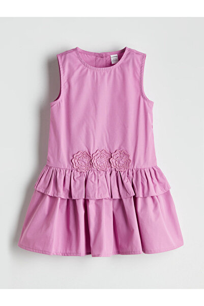 LC Waikiki LCW Παιδικό Ροζ Λουλούδι Απλικέ Κοριτσίστικο Φόρεμα Ποπλίνα