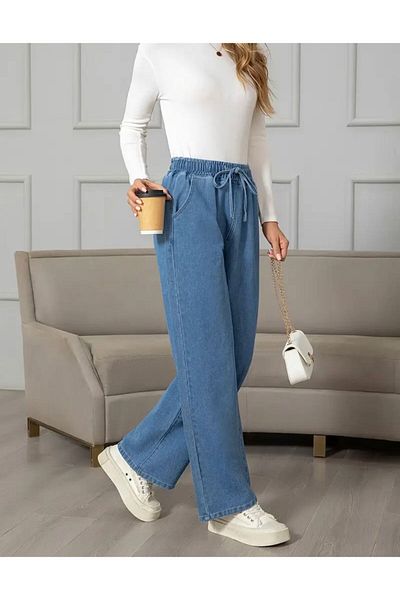 NEW LAVİVA Pantaloni de damă albastru cu talie elastică și șireturi Palazzo Denim