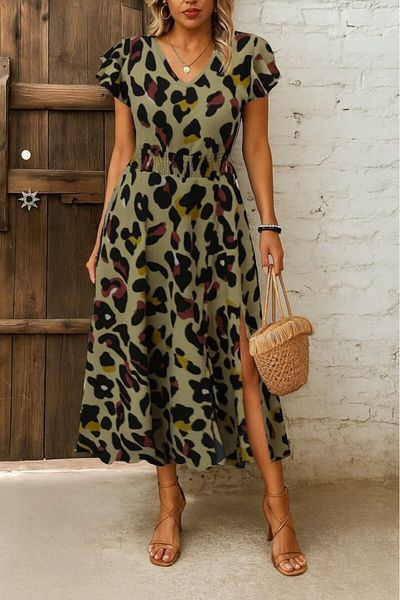 Kokosh moda Γυναικείο κοντομάνικο φόρεμα με λαιμόκοψη V με στάμπα λεοπάρ με σχισμή στο πλάι