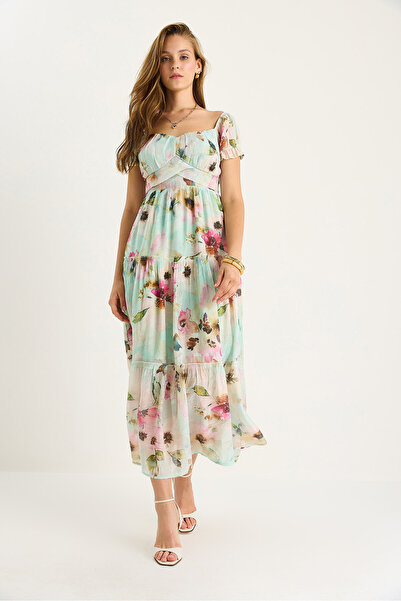 Bianco Lucci Γυναικείο φόρεμα βισκόζης με λουλουδάτο μοτίβο με λεπτομέρεια στη μέση 5257 60281101