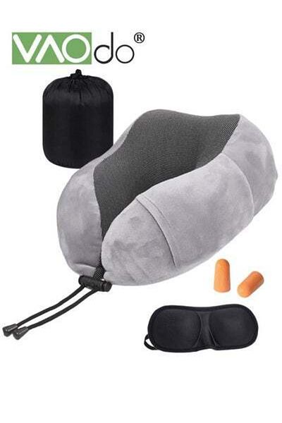 VAODO Travel Pillow with Earplugs Best Memory Foam Neck Pillow Head Support Soft Pillow