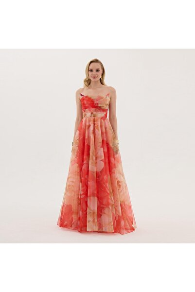 m mass-ha Turuncu Straplez Tül Empirme Abiye Elbise