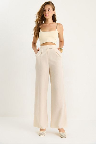 Bianco Lucci Women's Velcro Pocket Detailed Linen Palazzo Trousers 3877 60281098