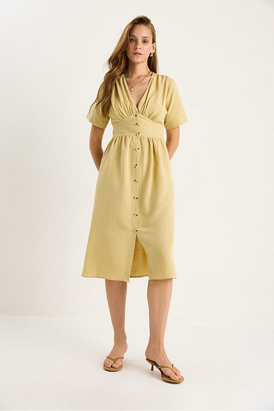 Bianco Lucci Women's V Neck Waist Detail Button Short Sleeve Viscose Linen Dress 5260 60281100