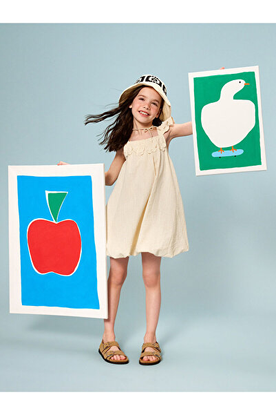 LC Waikiki LCW Παιδικό Μπεζ τετράγωνο γιακά Κοριτσίστικο φόρεμα Dobby