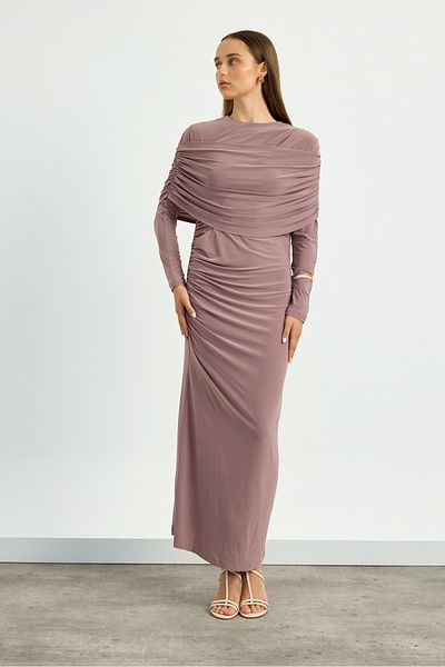Birgül Bektaş Dusty Rose Shoulder Detailed Drape Dress
